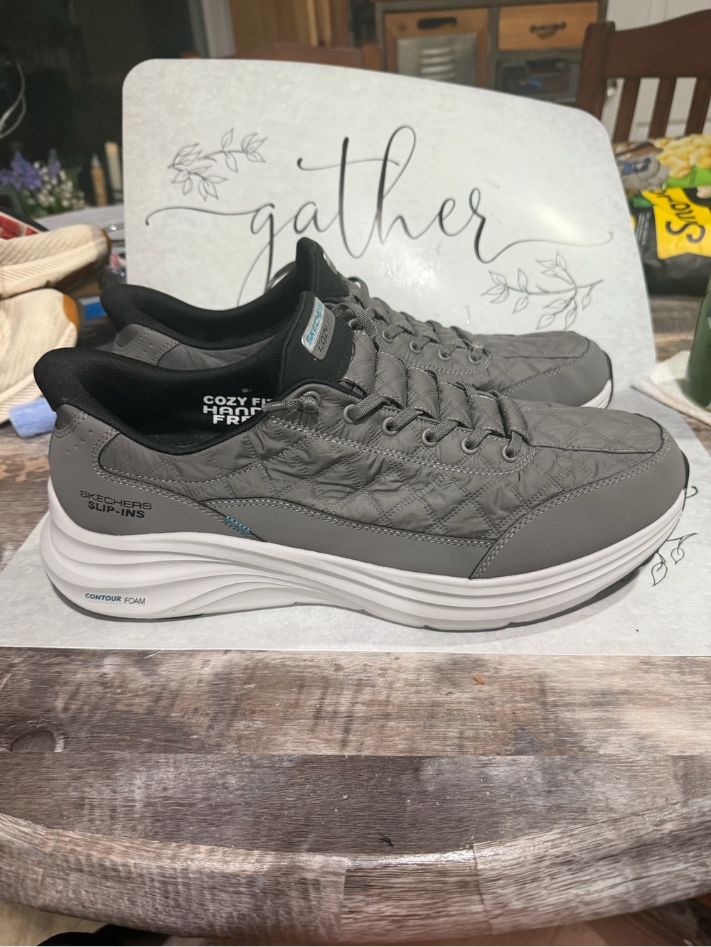Skechers Men’s size 14 wide Gray Slip‑In Quilted Comfort Sneakers